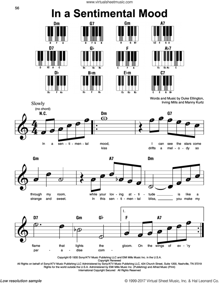 In A Sentimental Mood, (beginner) sheet music for piano solo by Duke Ellington, Irving Mills and Manny Kurtz, beginner skill level