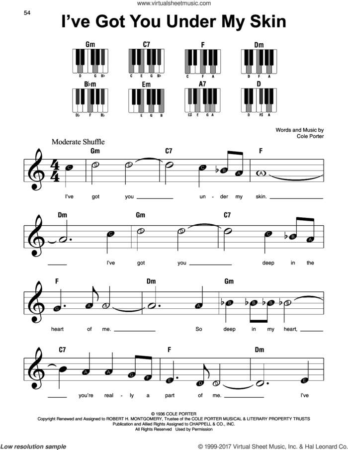 I've Got You Under My Skin sheet music for piano solo by Cole Porter, beginner skill level