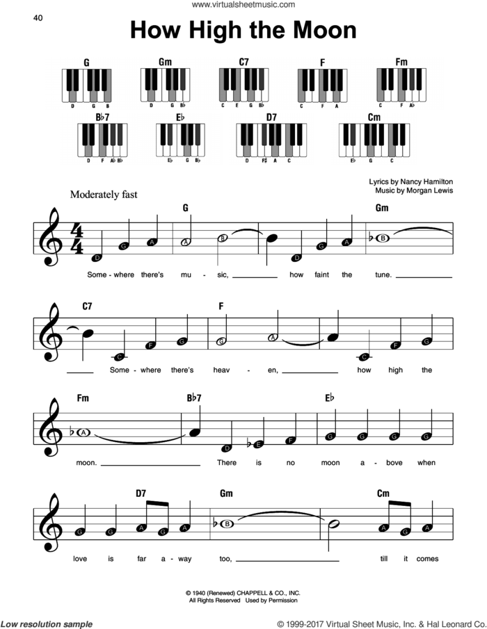 How High The Moon, (beginner) sheet music for piano solo by Les Paul & Mary Ford, Morgan Lewis and Nancy Hamilton, beginner skill level
