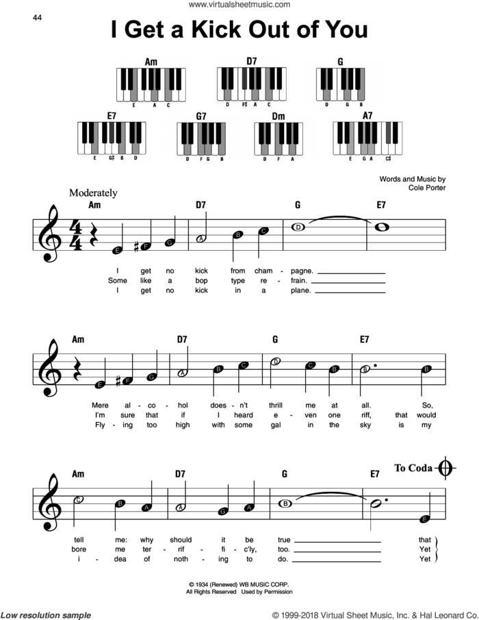 I Get A Kick Out Of You sheet music for piano solo by Cole Porter and Frank Sinatra, beginner skill level
