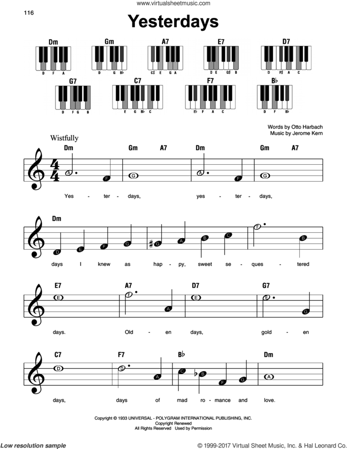 Yesterdays sheet music for piano solo by Jerome Kern and Otto Harbach, beginner skill level