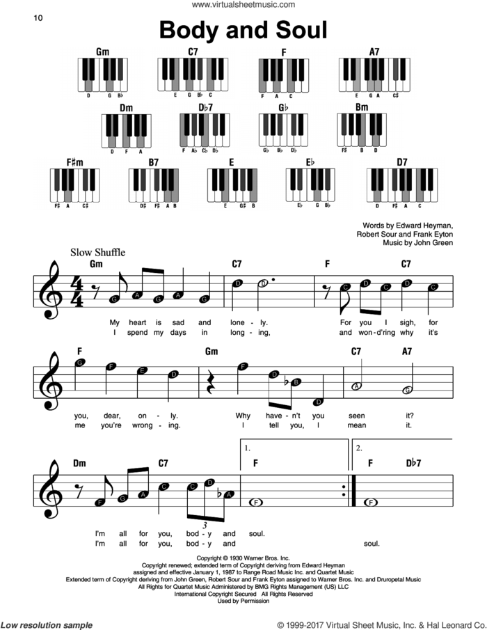 Body And Soul sheet music for piano solo by Edward Heyman, Frank Eyton, Johnny Green and Robert Sour, beginner skill level
