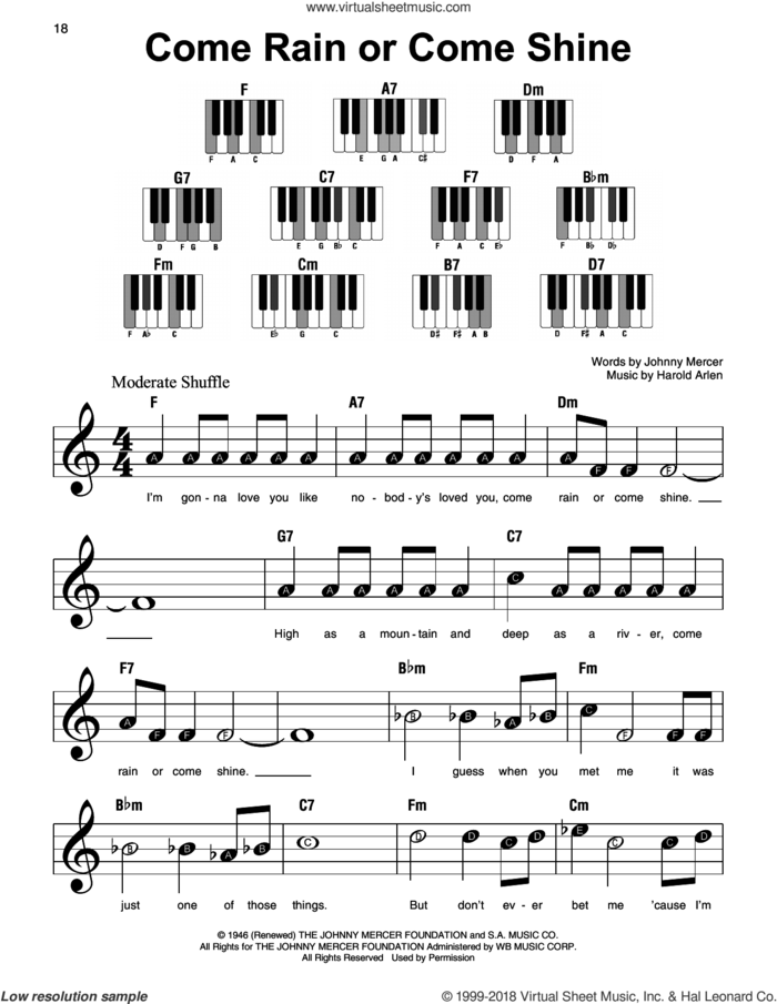 Come Rain Or Come Shine sheet music for piano solo by Johnny Mercer and Harold Arlen, beginner skill level