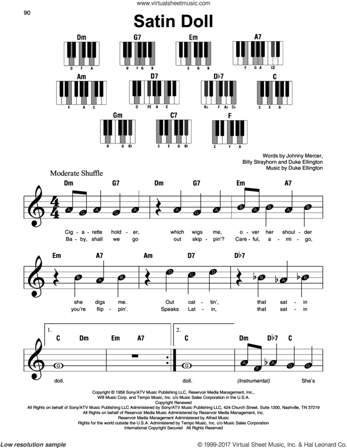 Satin Doll sheet music for piano solo by Johnny Mercer, Billy Strayhorn and Duke Ellington, beginner skill level