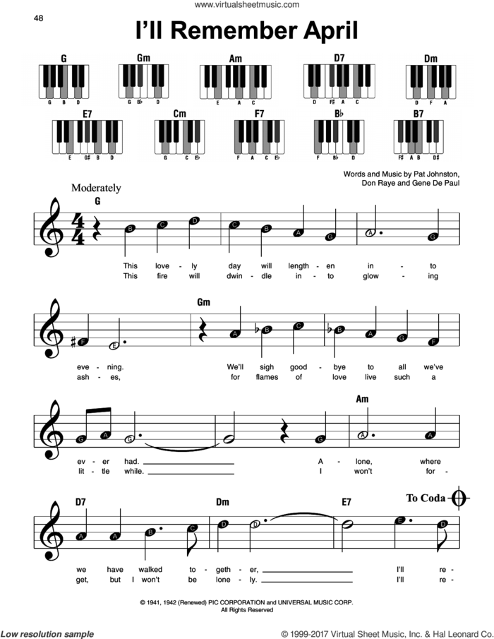 I'll Remember April sheet music for piano solo by Don Raye, Woody Herman & His Orchestra, Gene DePaul and Pat Johnston, beginner skill level