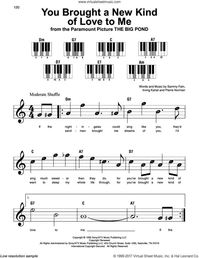 You Brought A New Kind Of Love To Me sheet music for piano solo by Scott Hamilton, Irving Kahal, Pierre Norman and Sammy Fain, beginner skill level