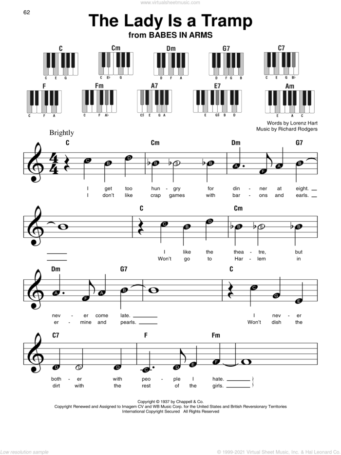 The Lady Is A Tramp sheet music for piano solo by Rodgers & Hart, Lorenz Hart and Richard Rodgers, beginner skill level