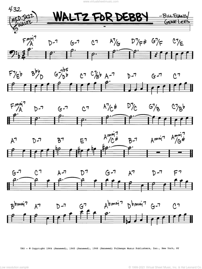 Waltz For Debby sheet music for voice and other instruments (bass clef) by Bill Evans and Eugene John Lees, intermediate skill level