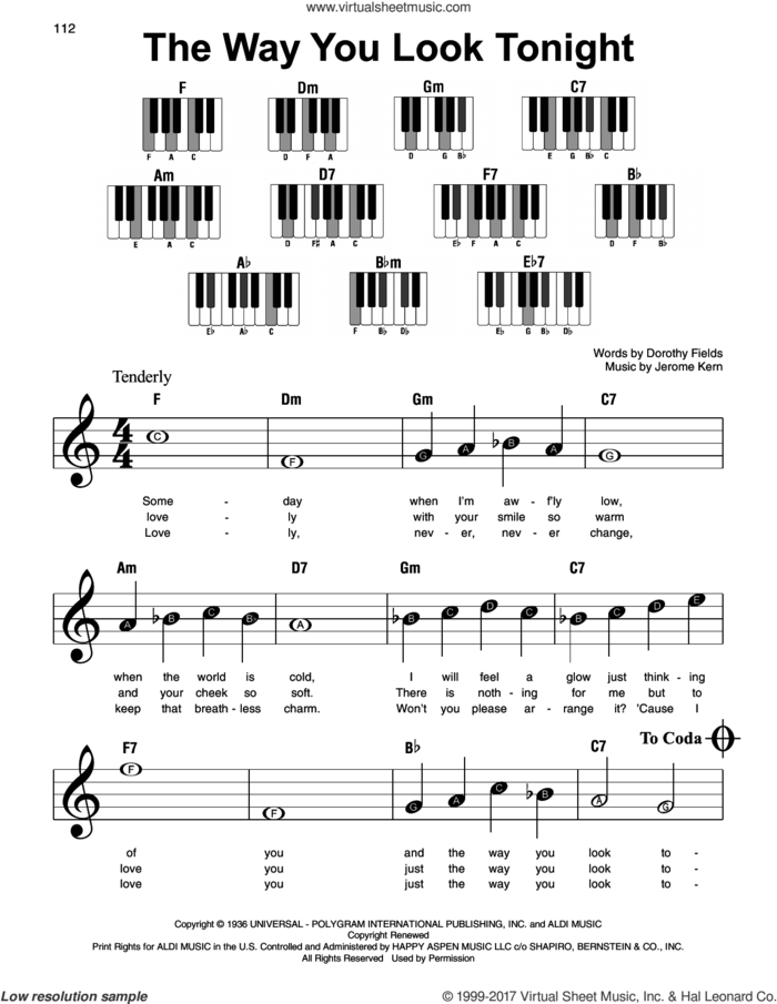 The Way You Look Tonight sheet music for piano solo by Jerome Kern and Dorothy Fields, wedding score, beginner skill level