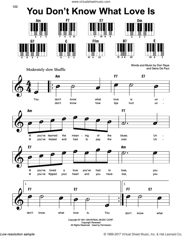 You Don't Know What Love Is sheet music for piano solo by Carol Bruce, Don Raye and Gene DePaul, beginner skill level