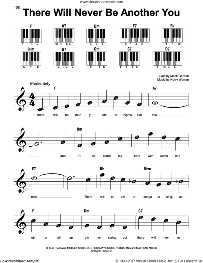 There Will Never Be Another You sheet music for piano solo by Harry Warren and Mack Gordon, beginner skill level
