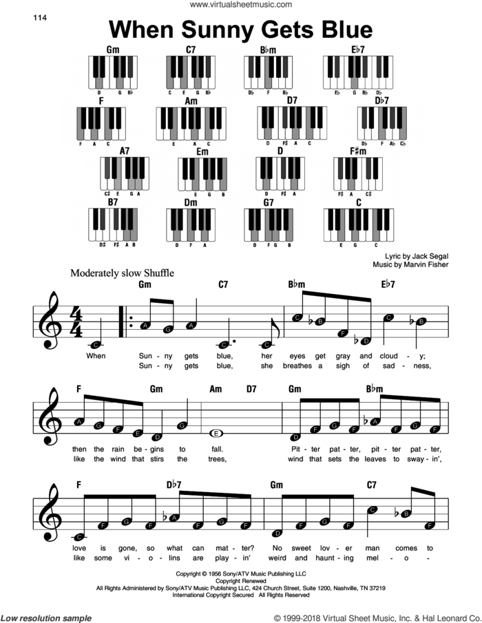 When Sunny Gets Blue sheet music for piano solo by Marvin Fisher and Jack Segal, beginner skill level