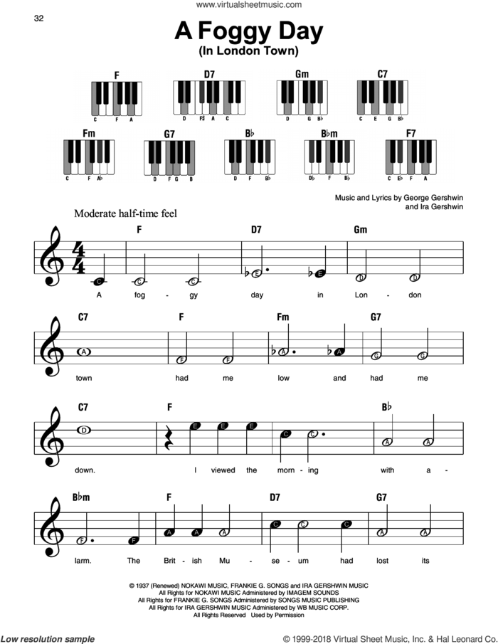 A Foggy Day (In London Town), (beginner) (In London Town) sheet music for piano solo by George Gershwin and Ira Gershwin, beginner skill level