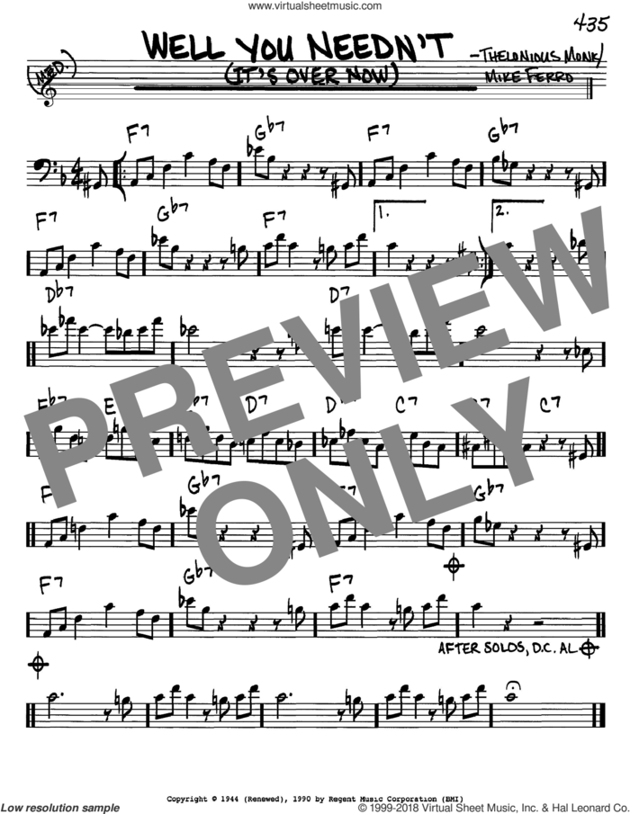 Well You Needn't (It's Over Now) sheet music for voice and other instruments (bass clef) by Thelonious Monk and Mike Ferro, intermediate skill level
