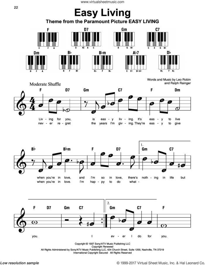 Easy Living sheet music for piano solo by Billie Holiday, Leo Robin and Ralph Rainger, beginner skill level