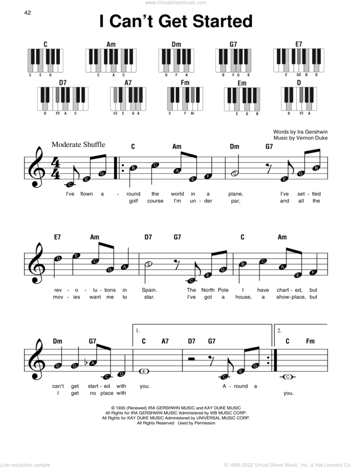 I Can't Get Started sheet music for piano solo by Ira Gershwin and Vernon Duke, beginner skill level
