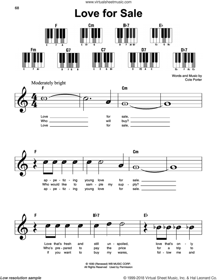 Love For Sale sheet music for piano solo by Cole Porter, beginner skill level