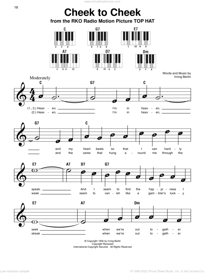 Cheek To Cheek sheet music for piano solo by Irving Berlin, beginner skill level