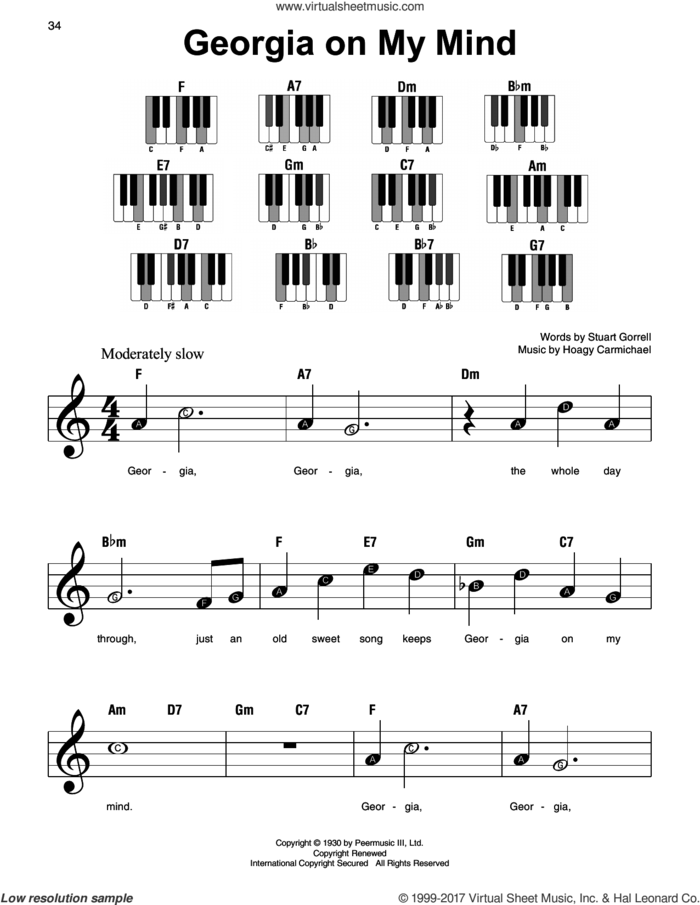 Georgia On My Mind sheet music for piano solo by Hoagy Carmichael, Ray Charles, Willie Nelson and Stuart Gorrell, beginner skill level