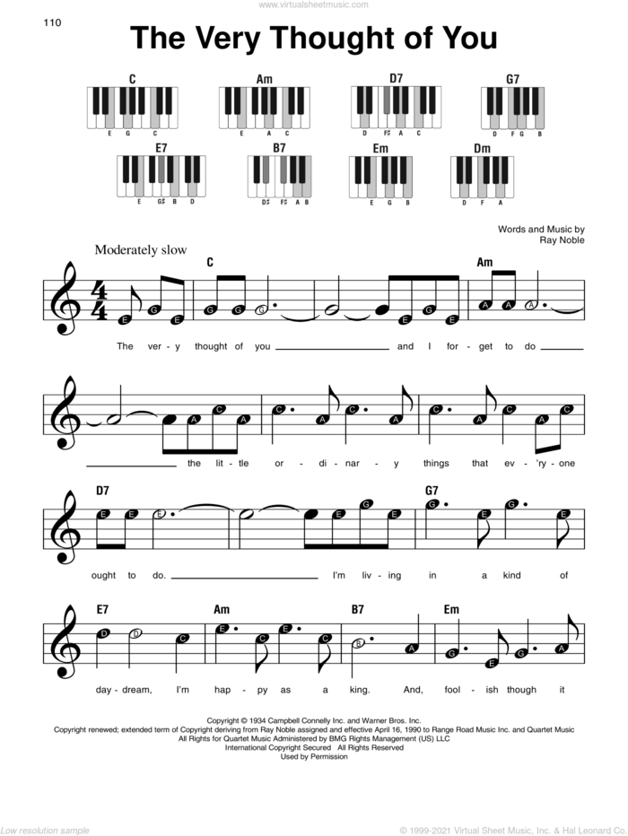 The Very Thought Of You sheet music for piano solo by Ray Noble, beginner skill level