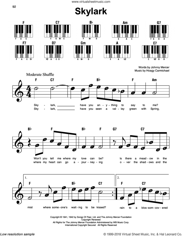 Skylark sheet music for piano solo by Johnny Mercer and Hoagy Carmichael, beginner skill level