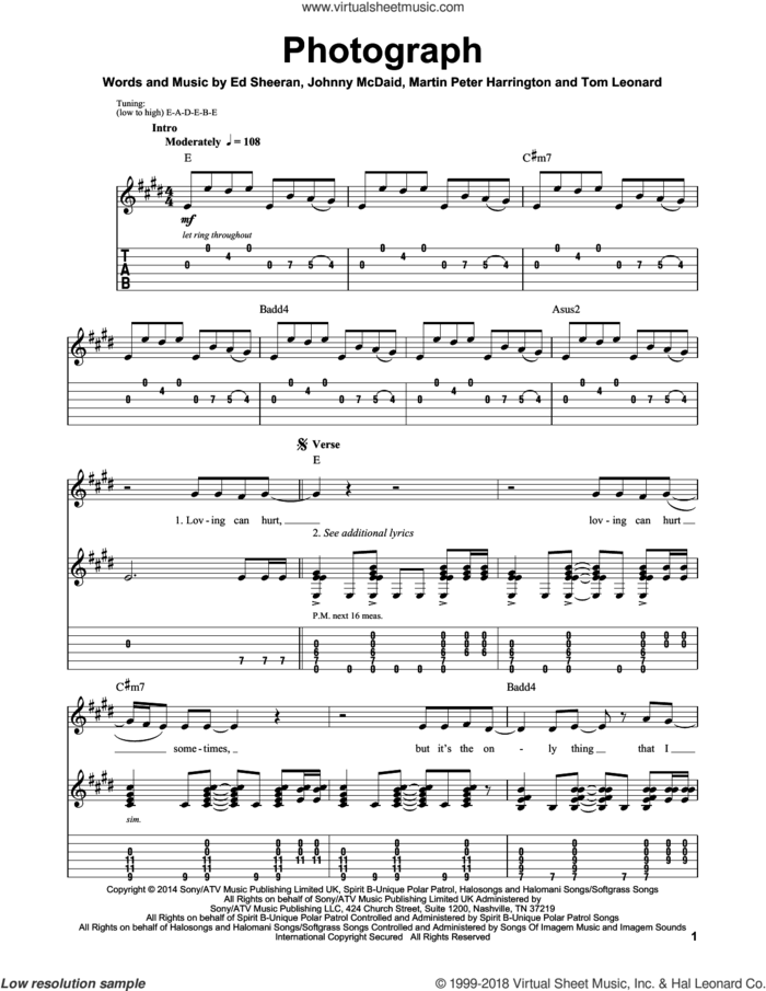 Photograph sheet music for guitar (tablature, play-along) by Ed Sheeran, Johnny McDaid, Martin Peter Harrington and Tom Leonard, intermediate skill level