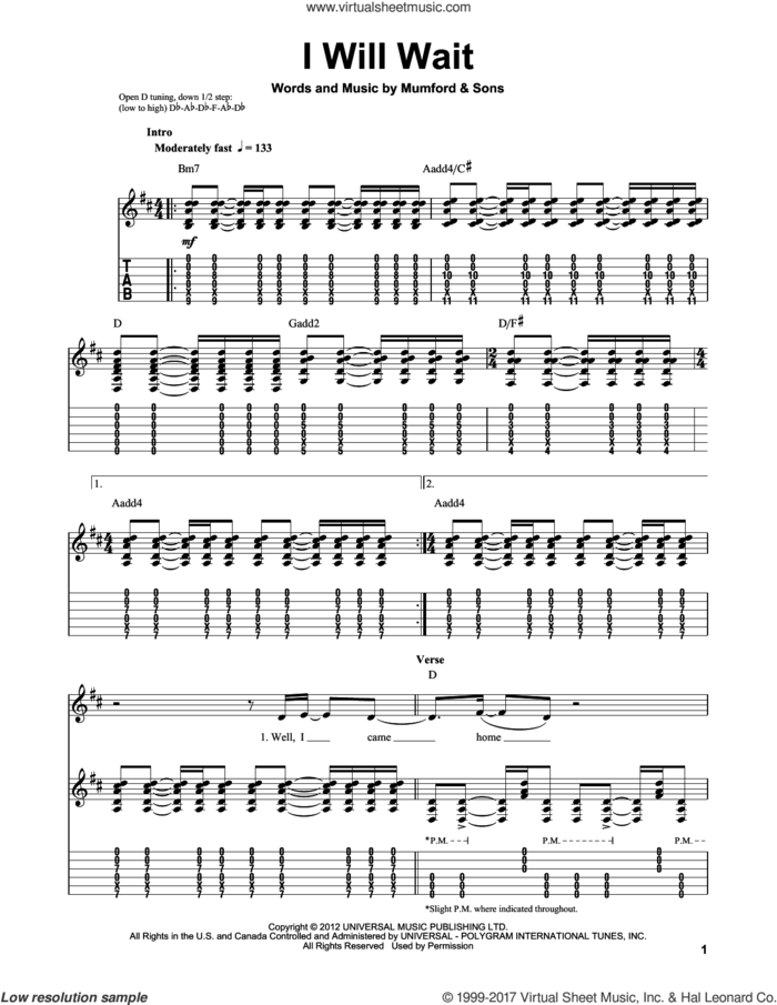 I Will Wait sheet music for guitar (tablature, play-along) by Mumford & Sons, intermediate skill level