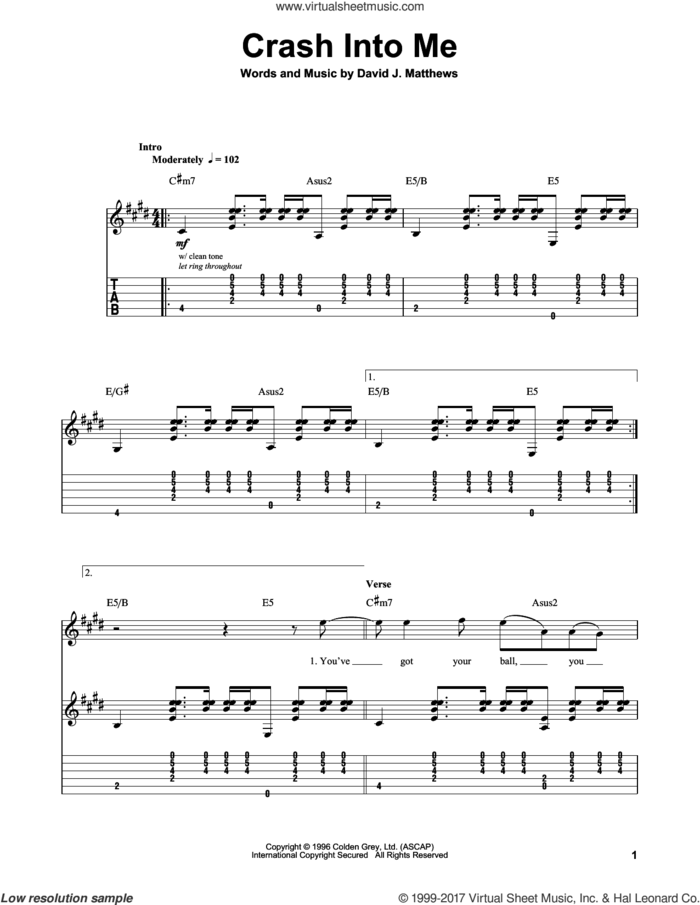 Crash Into Me sheet music for guitar (tablature, play-along) by Dave Matthews Band, intermediate skill level