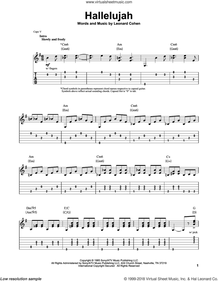 Hallelujah sheet music for guitar (tablature, play-along) by Jeff Buckley and Leonard Cohen, intermediate skill level