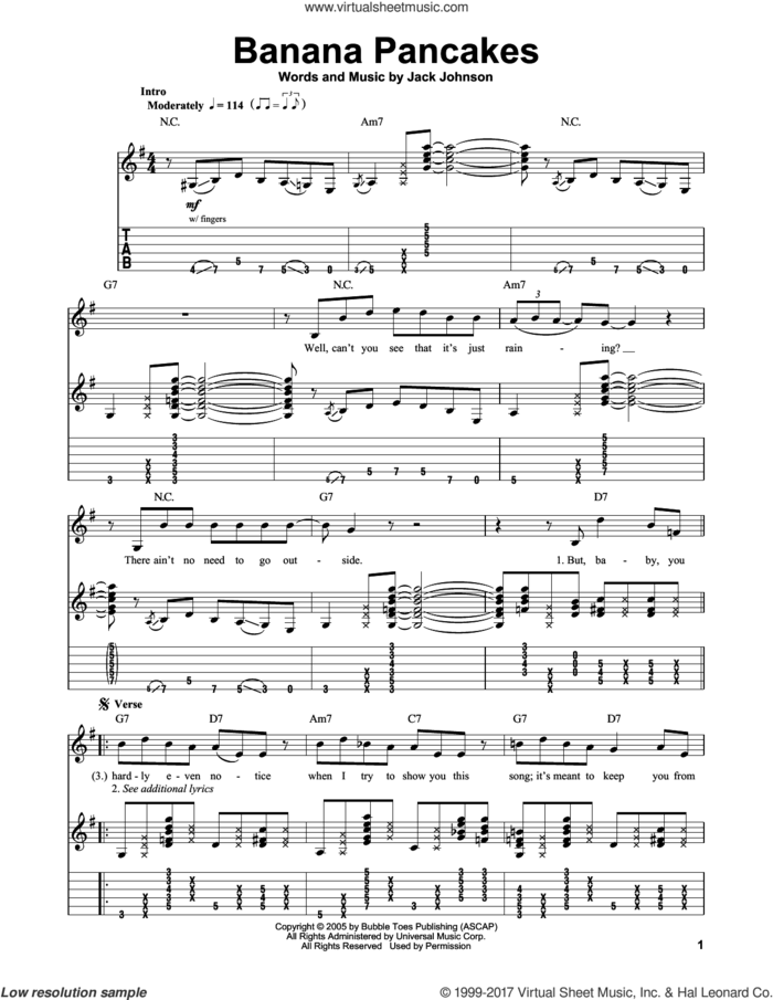 Banana Pancakes sheet music for guitar (tablature, play-along) by Jack Johnson, intermediate skill level