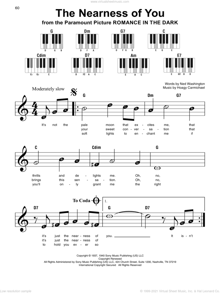 The Nearness Of You sheet music for piano solo by Hoagy Carmichael and Ned Washington, beginner skill level
