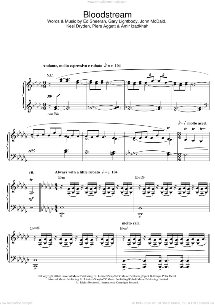 Bloodstream sheet music for piano solo by Tokio Myers, Amir Izadkhah, Ed Sheeran, Gary Lightbody, John McDaid, Kesi Dryden and Piers Aggett, classical score, intermediate skill level