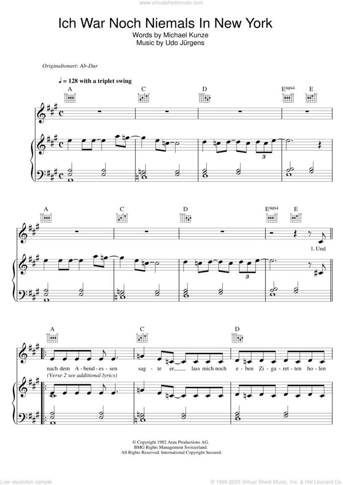 Ich War Noch Niemals In New York sheet music for voice, piano or guitar by Udo Jurgens and Udo Jurgens, intermediate skill level