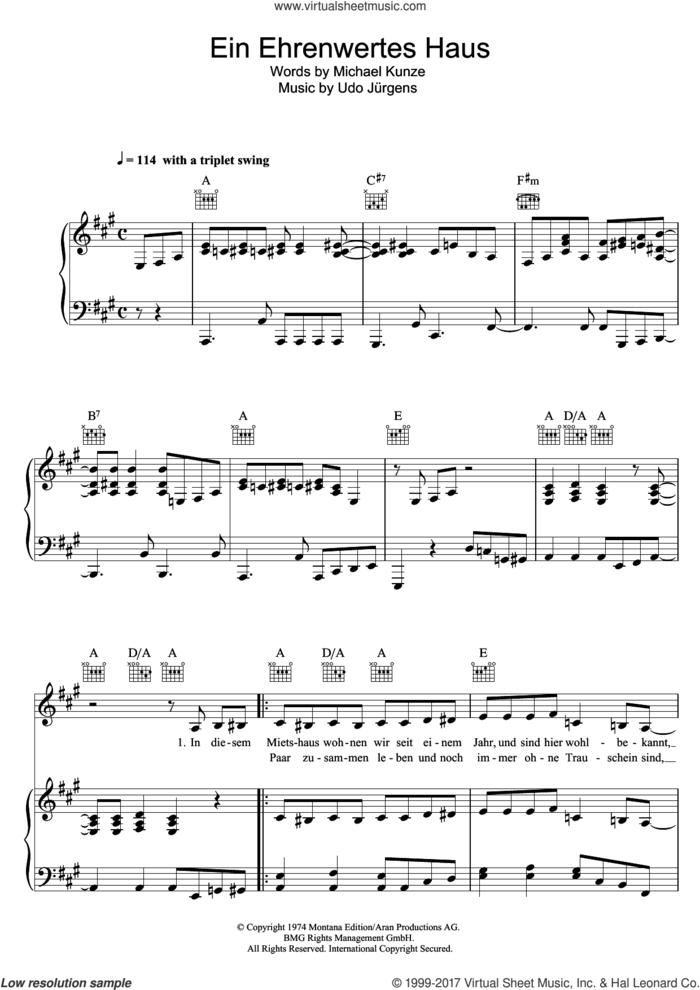 Ein Ehrenwertes Haus sheet music for voice, piano or guitar by Udo Jurgens and Udo Jurgens, intermediate skill level