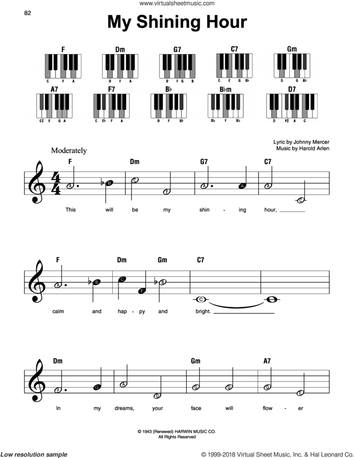 My Shining Hour, (beginner) sheet music for piano solo by Harold Arlen and Johnny Mercer, beginner skill level