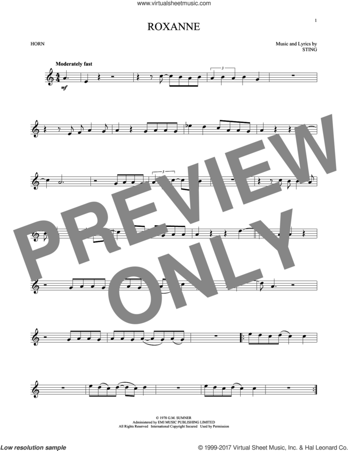 Roxanne sheet music for horn solo by The Police and Sting, intermediate skill level