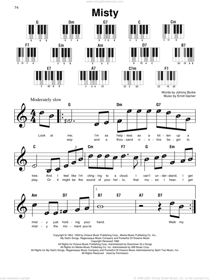 Misty sheet music for piano solo by Johnny Mathis, Erroll Garner and John Burke, beginner skill level