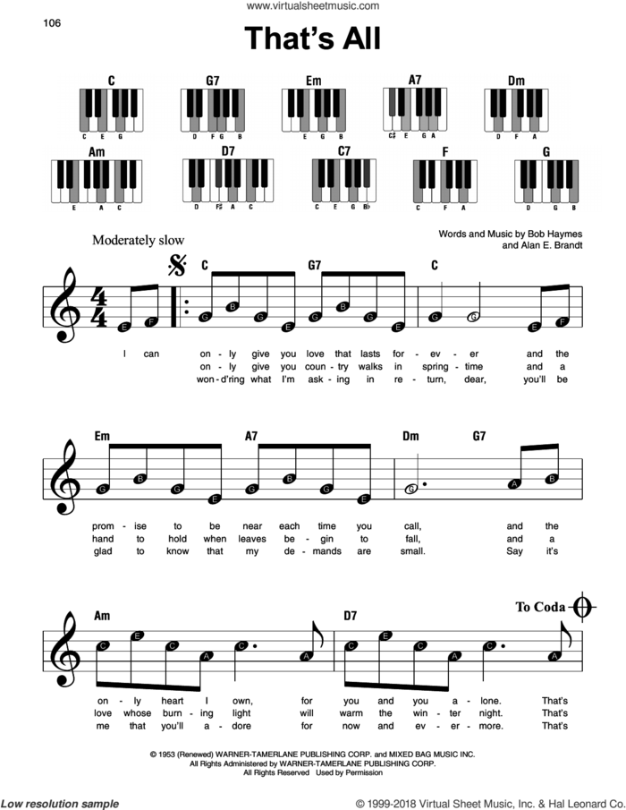 That's All sheet music for piano solo by Bob Haymes and Alan E. Brandt, beginner skill level