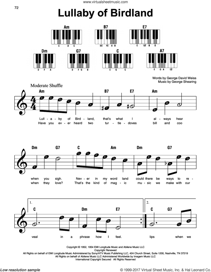 Lullaby Of Birdland, (beginner) sheet music for piano solo by George David Weiss and George Shearing, beginner skill level