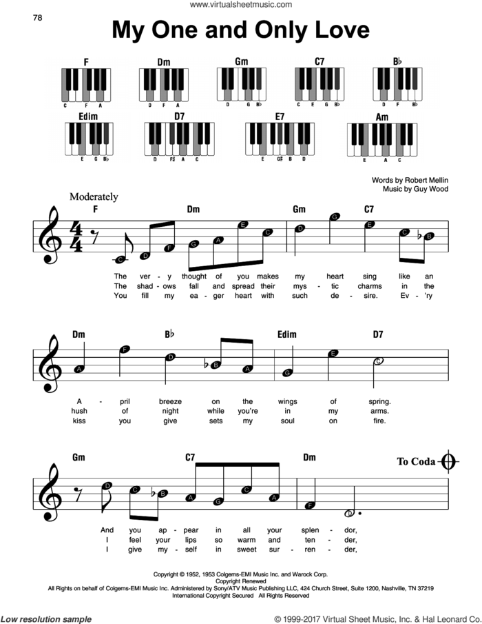 My One And Only Love sheet music for piano solo by Robert Mellin and Guy Wood, beginner skill level