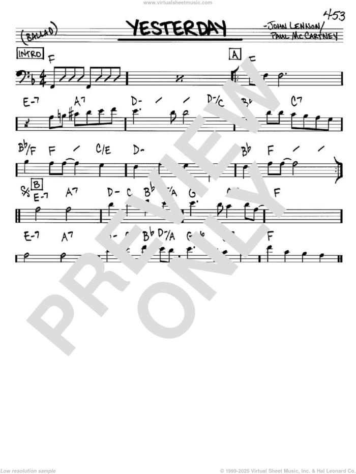 Yesterday sheet music for voice and other instruments (bass clef) by The Beatles, John Lennon and Paul McCartney, intermediate skill level