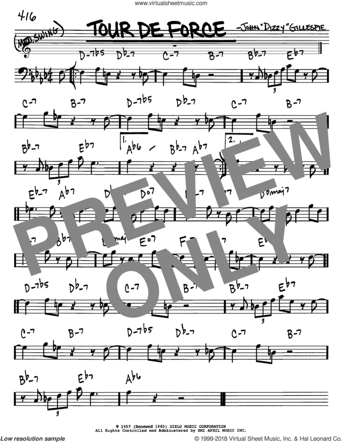 Tour De Force sheet music for voice and other instruments (bass clef) by Dizzy Gillespie, intermediate skill level