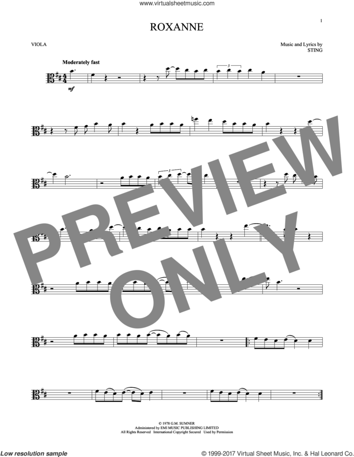 Roxanne sheet music for viola solo by The Police and Sting, intermediate skill level