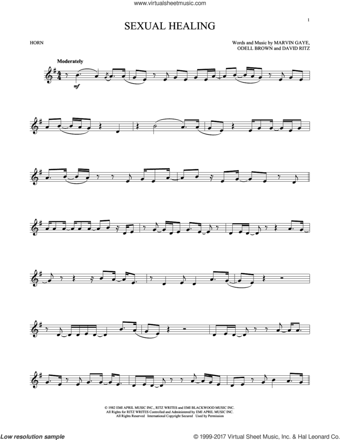 Sexual Healing sheet music for horn solo by Marvin Gaye, David Ritz and Odell Brown, intermediate skill level