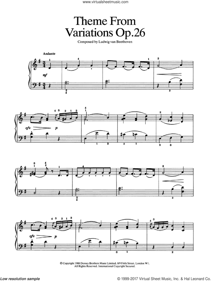Theme from Variations Op. 26 sheet music for piano solo by Ludwig van Beethoven, classical score, easy skill level