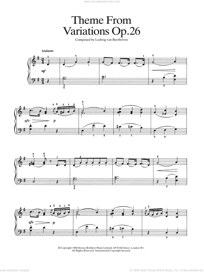 Theme from Variations Op. 26 sheet music for piano solo by Ludwig van Beethoven, classical score, easy skill level