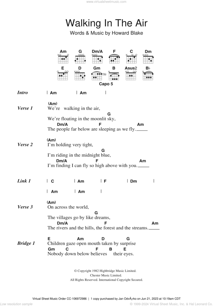 Walking In The Air (theme from The Snowman) sheet music for guitar (chords) by Aled Jones and Howard Blake, intermediate skill level