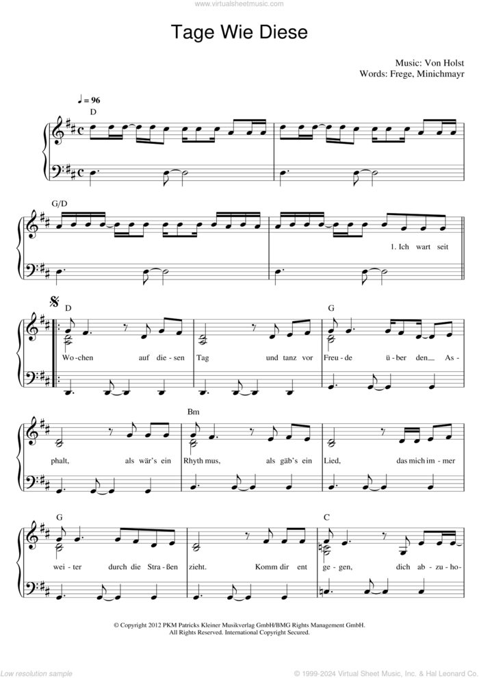 Tage Wie Diese sheet music for voice and piano by Die Toten Hosen and Andreas von Holst, intermediate skill level