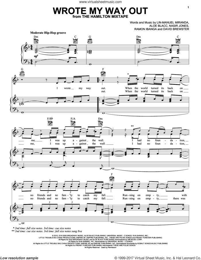 Wrote My Way Out sheet music for voice, piano or guitar by Nas, Dave East, Lin-Manuel Miranda, Aloe Blacc, Aloe Blacc, David Brewster, Lin-Manuel Miranda, Nasir Jones and Ramon Ibanga, intermediate skill level