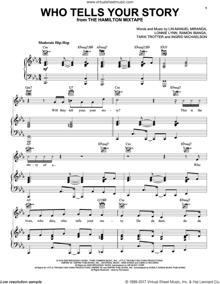 Who Tells Your Story sheet music for voice, piano or guitar by Lin-Manuel Miranda, Common, The Roots, The Roots, Common, Ingrid Michaelson, Ingrid Michaelson, Lonnie Lynn, Ramon Ibanga and Tarik Trotter, intermediate skill level